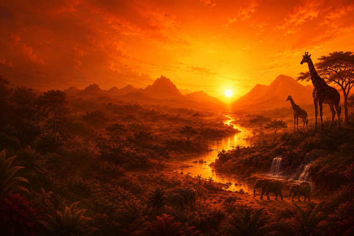 African savanna at sunset, with giraffes and elephants along a winding river
