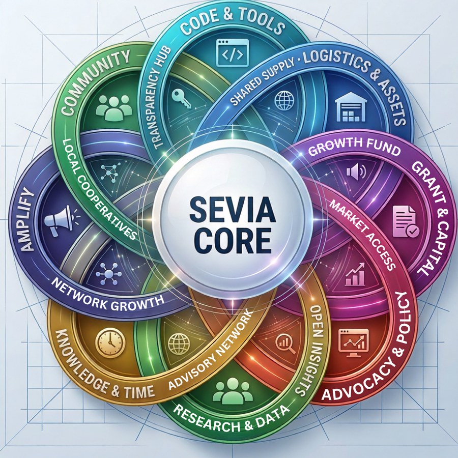 The Sevia flywheel: Sevia Core at the center, surrounded by Community, Transparency Hub, Code & Tools, Shared Supply & Logistics, Grant & Capital, Advocacy & Policy, Open Insights, Research & Data, Knowledge & Time, and Amplify Network Growth.